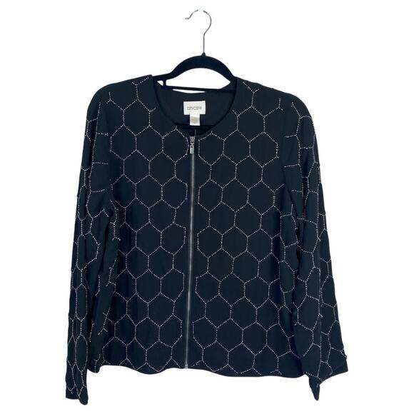 CHICOS Beaded Bomber Jacket Black Zipper Hexagon Rhinestones Size 1 Women's 8 - Picture 2 of 8